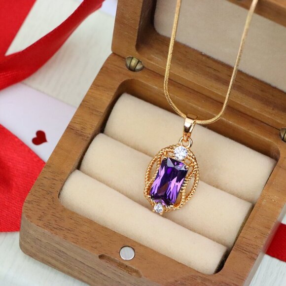 "Purple Rectangle Pendant with Gold Plated Frame and Crystal Accents, XPPT1683 - Picture 8 of 13